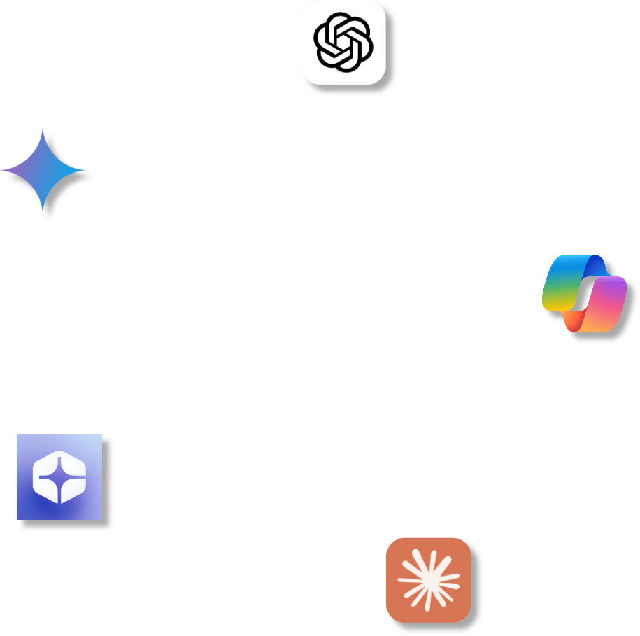 Icons of various AI Tools, like Chat GPT, Claude, Google Gemini, and CoPilot